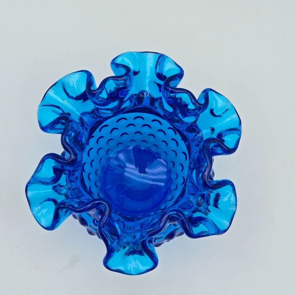 Vintage 1970s Fenton Hobnail Vase‎ Ruffled Double Crimped Colonial Blue 4.25